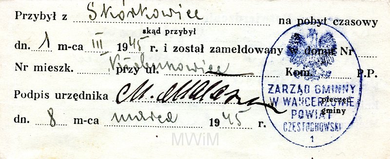 KKE 4913a.jpg - Rewers KKE 4913. Dok. Potwierdzenie zameldowania dla Mariana Tadeusza Rapackiego przybyłego z Skórkowice, Kłobunowice, 8 III 1945 r.